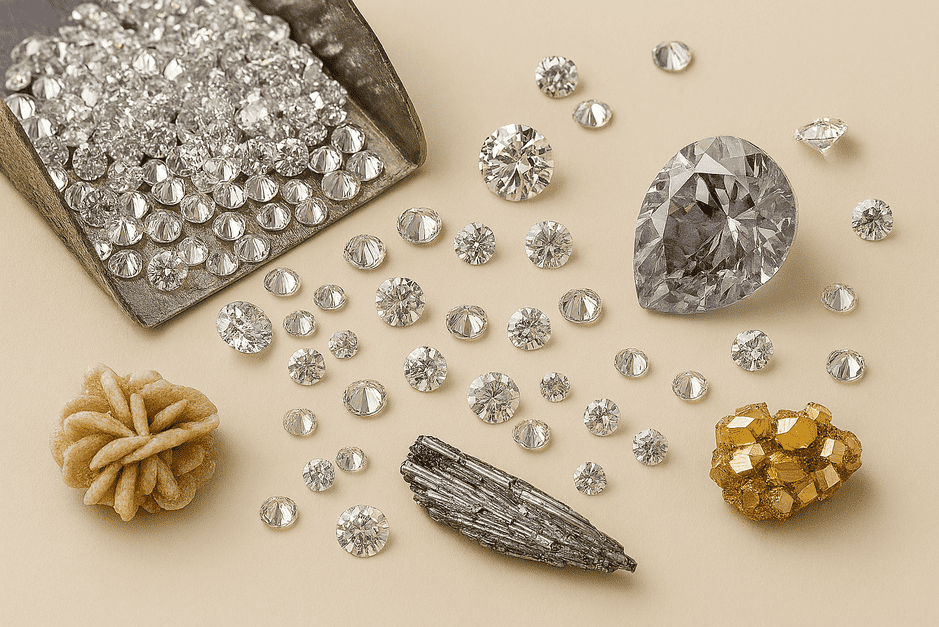 Close-up of diamond melee stones shimmering in pavé setting on a ring, showing brilliance and sparkle.