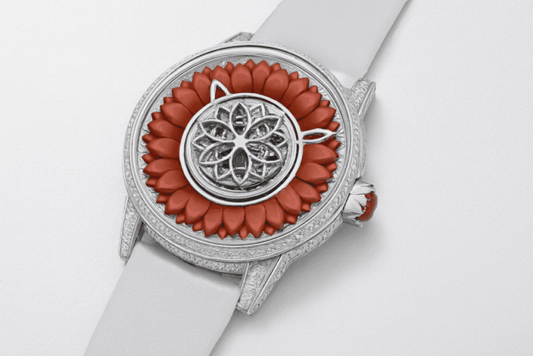 Beauregard Dahlia White Gold & Red Coral watch showcasing a flying tourbillon, diamond-paved white gold case, and handcrafted red coral gemstone petals.