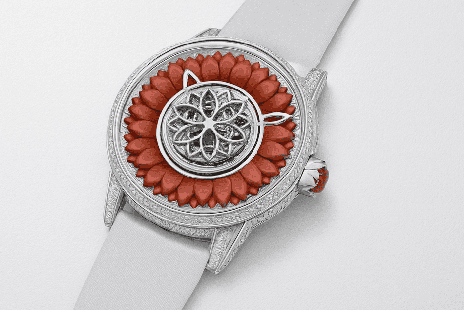 Beauregard Dahlia White Gold & Red Coral watch showcasing a flying tourbillon, diamond-paved white gold case, and handcrafted red coral gemstone petals.
