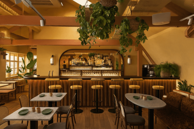 Interior of Darjeeling Express, a London restaurant with vibrant decor, serving traditional Indian Mughlai and Calcutta dishes by an all-women kitchen team.