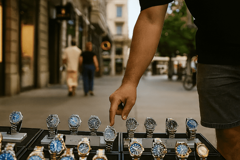 Side-by-side image of a genuine Rolex Submariner and a counterfeit, highlighting differences in dial, bezel, and engravings.