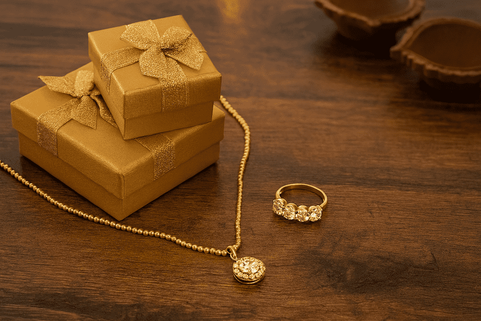 Display of gold and diamond jewelry with festive discount signs at a jewelry store.