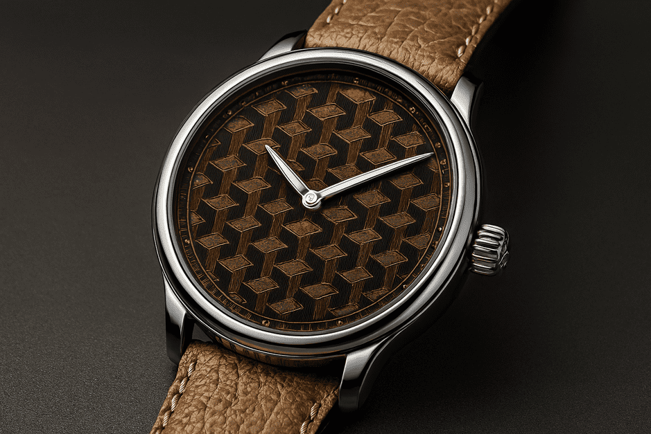 Louis Erard Fil d’Or x Wire Art limited edition watch with a 39mm polished stainless steel case and intricate gold thread dial.