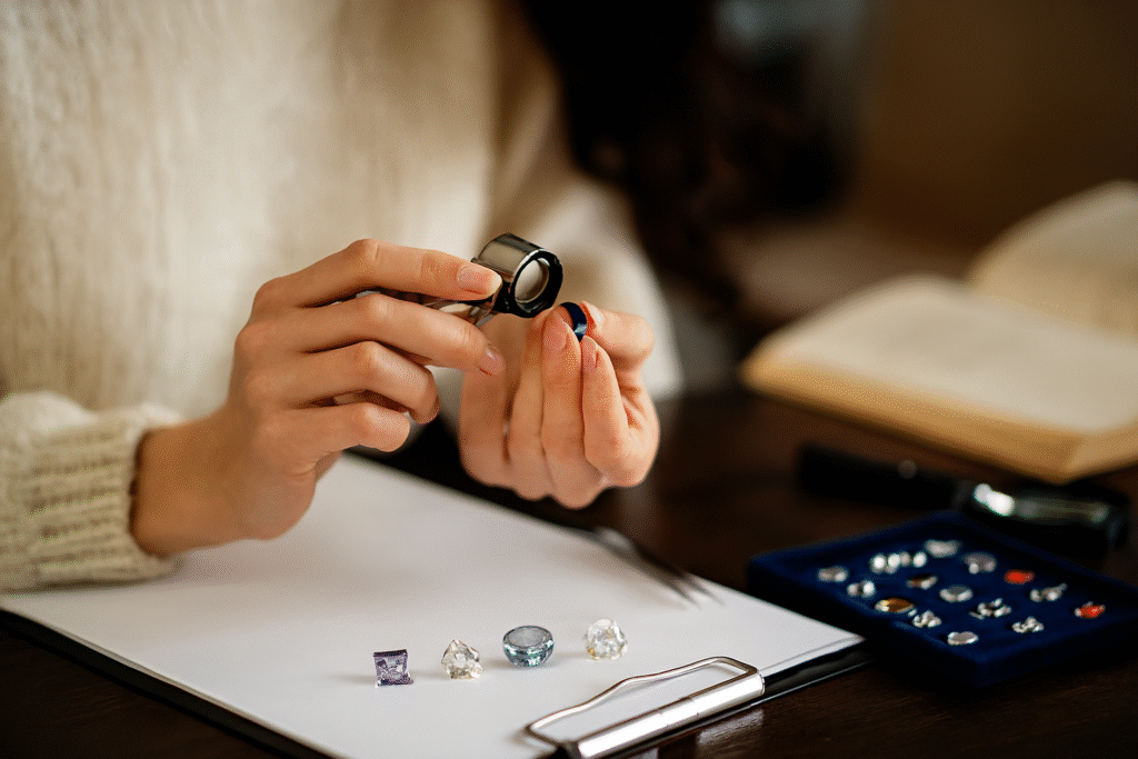 Gemology mistakes: gemologist examining stones under magnification