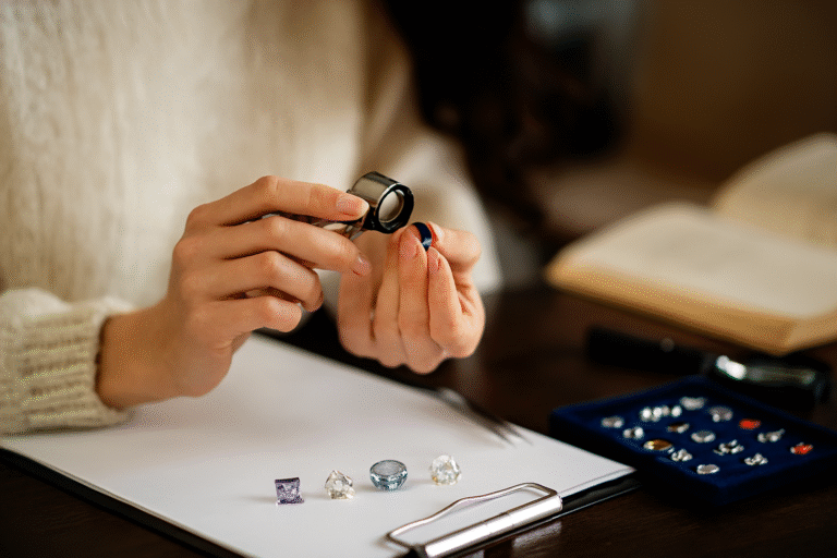 Gemology mistakes: gemologist examining stones under magnification