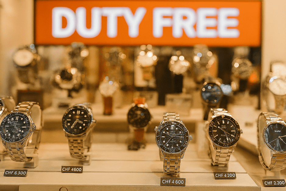 Luxury Swiss watches displayed at Geneva Airport Duty-Free boutique with travel and shopping ambiance.