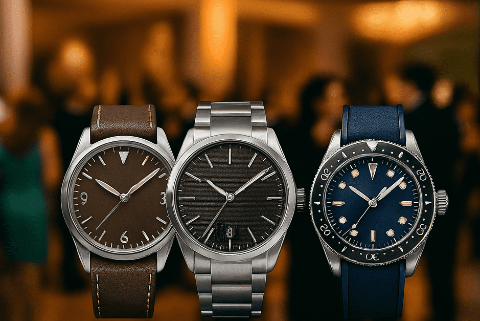 Geneva watch show booth displaying micro-brand timepieces alongside traditional Swiss watches