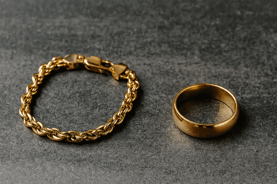 Close-up of a gold ring with a "22K" hallmark next to a gold-plated jewelry piece showing a faded gold layer.