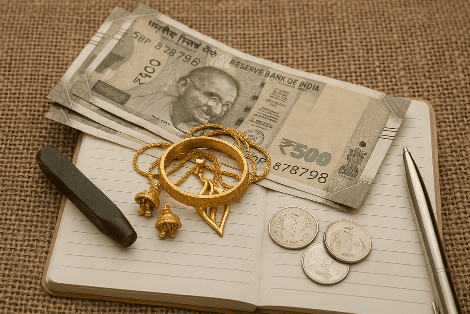 Gold coins and jewelry representing savings in gold saving schemes in Tamil Nadu.