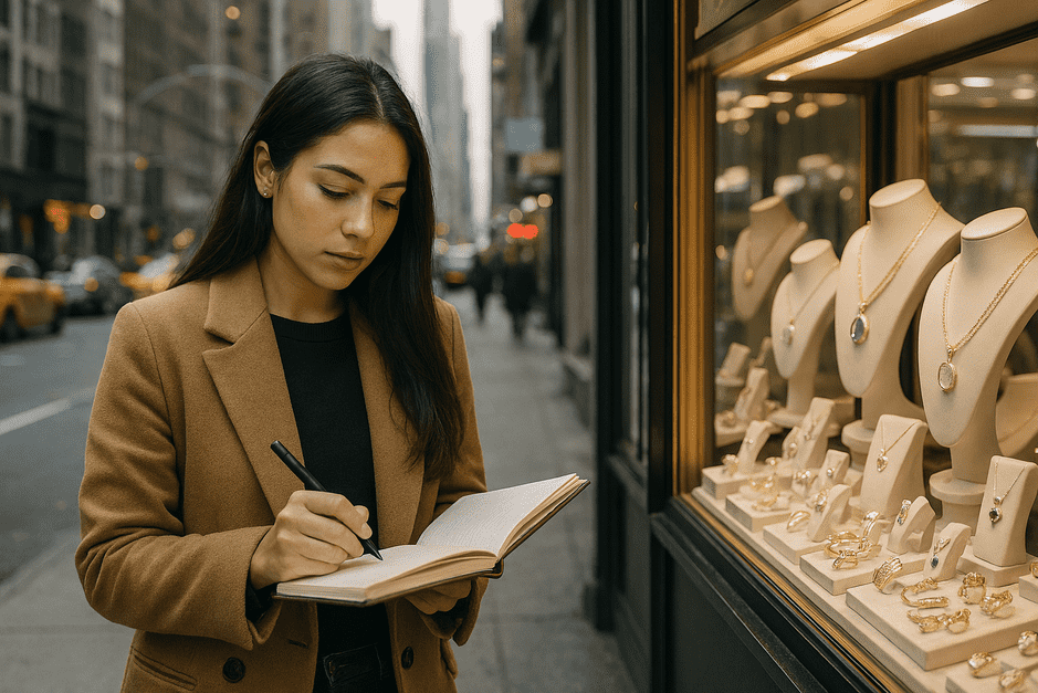 New York City Diamond District storefront with jewelry displays and shoppers browsing.