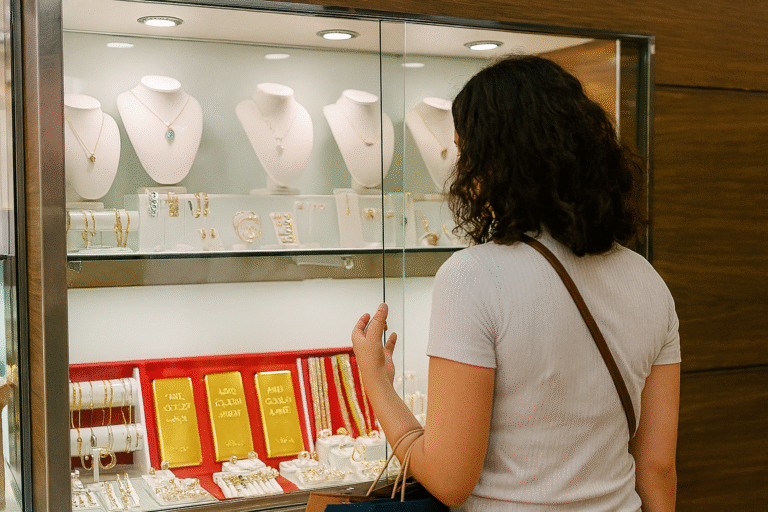 Gold jewelry pieces with international hallmarks displayed in a New York jewelry store.