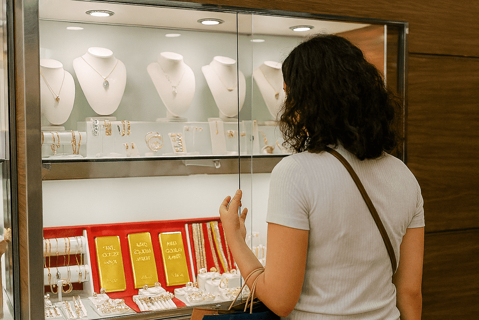 Gold jewelry pieces illustrating hallmark differences in jewelry NYC store