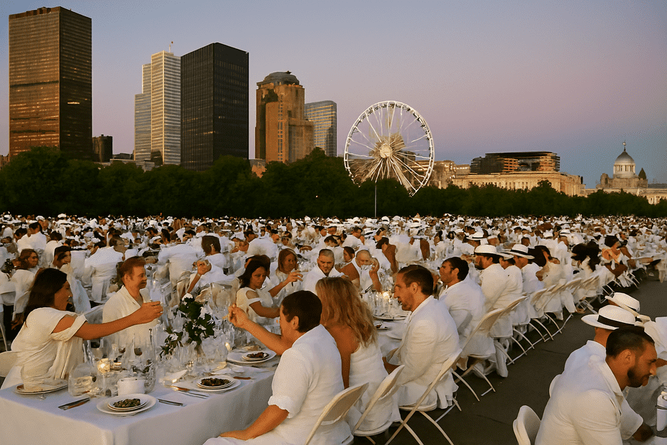 Guests enjoying Le Dîner en Blanc in all-white attire at a secret location