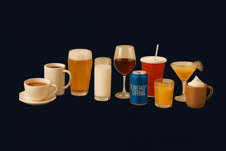 Popular global drinks including tea, coffee, beer, kombucha, and bubble tea.