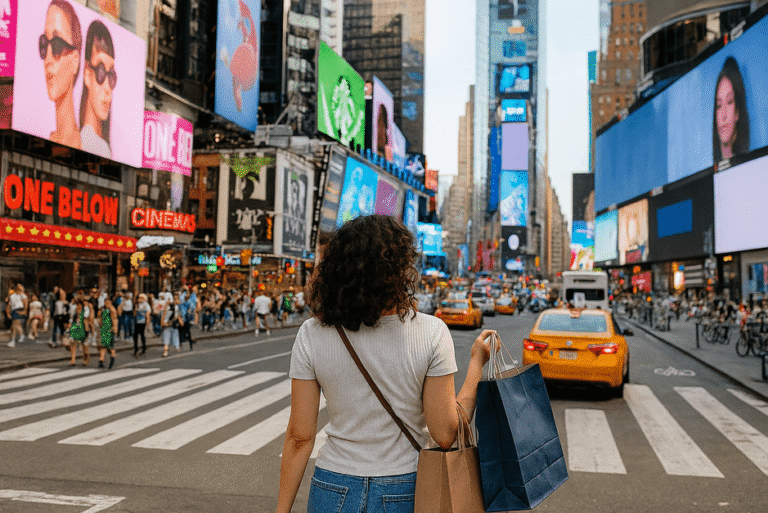 Tourists shopping in Times Square, New York City, surrounded by bright store signs.
