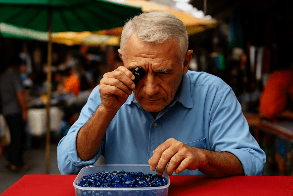 Rudy J. Smith examining blue sapphires in Bangkok 1998 gemstone market