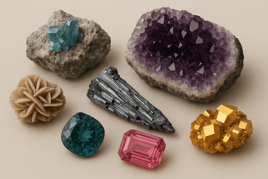 Close-up of colorful mineral specimens displayed on a table with detailed buyer inquiry.