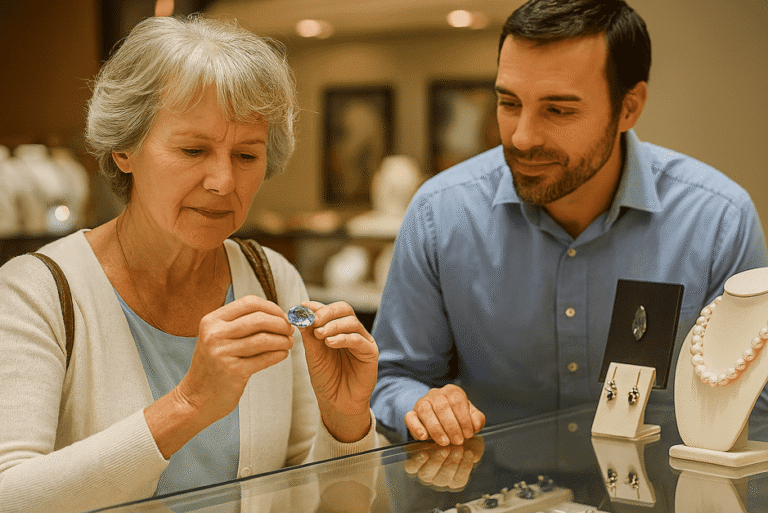 Shopping for gems and jewelry – jeweler inspecting a diamond ring with a loupe.