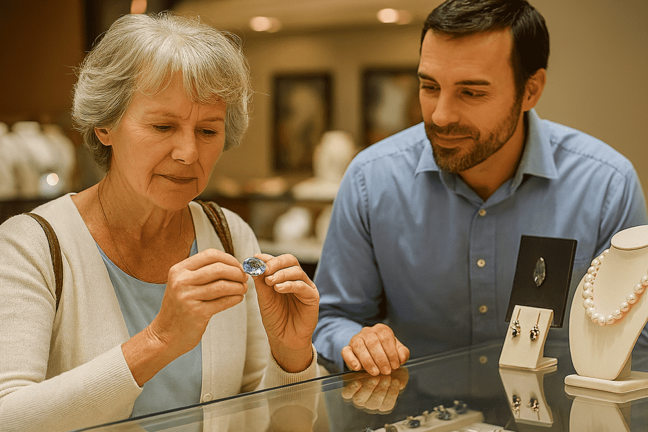 Shopping for gems and jewelry – jeweler inspecting a diamond ring with a loupe.