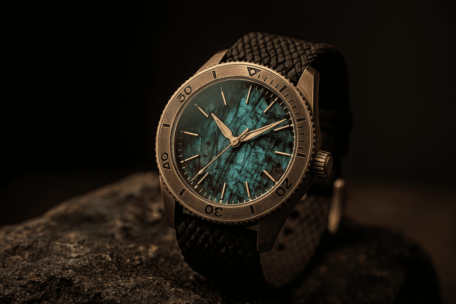 Signum Cero Bronze Labradorite watch with natural stone dial.
