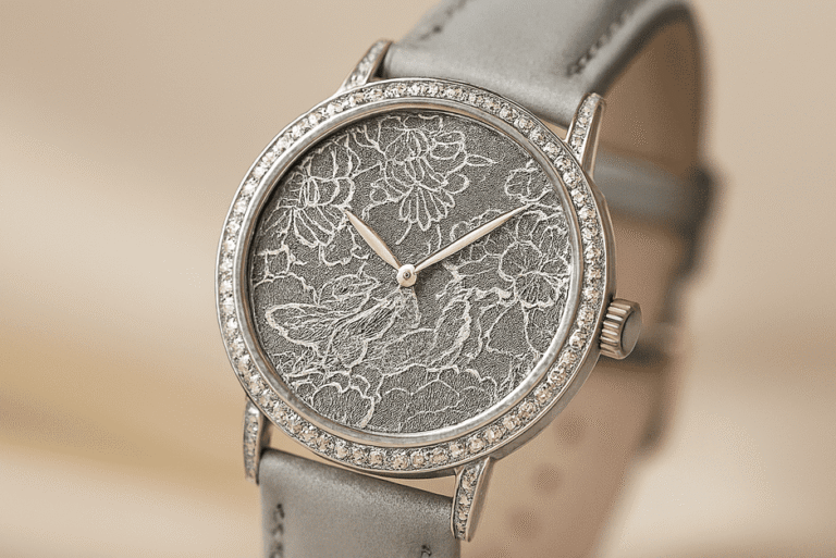 TAOS Dentelle watch with an 18K white gold case, diamond-set bezel, and an enamel dial featuring a delicate silver lace pattern.