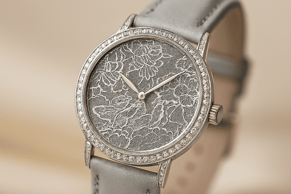 TAOS Dentelle watch with an 18K white gold case, diamond-set bezel, and an enamel dial featuring a delicate silver lace pattern.