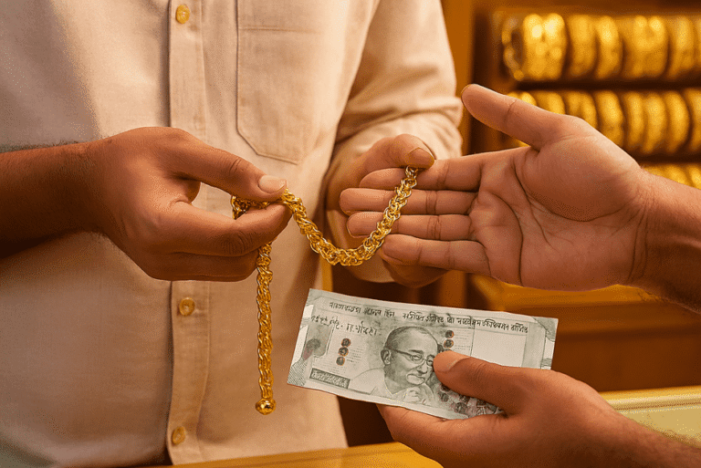 A gold necklace displayed with price tags at a Kerala jewellery shop.