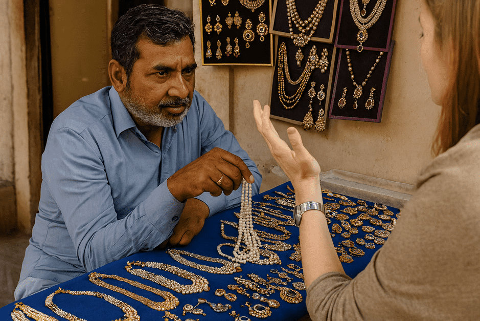 Bargaining for jewelry in Jaipur at Johari Bazaar