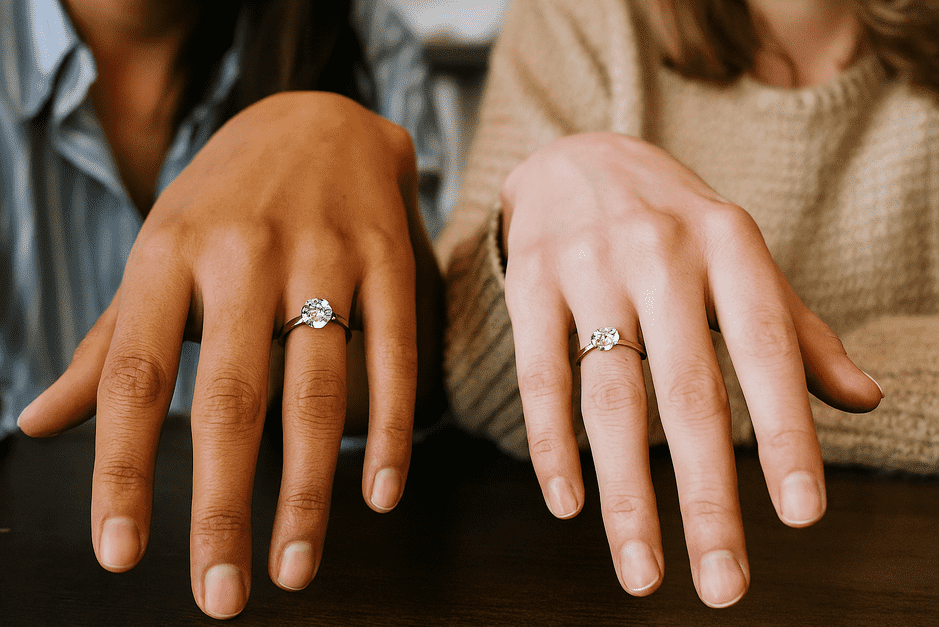 A side-by-side view of two diamond rings symbolizing comparison between friends.