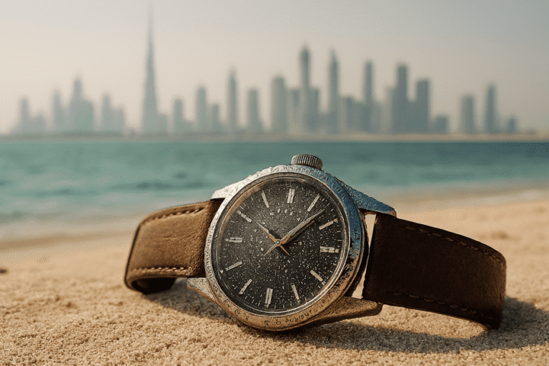 A Swiss sports watch with condensation under the crystal, placed in bright Dubai sunlight.