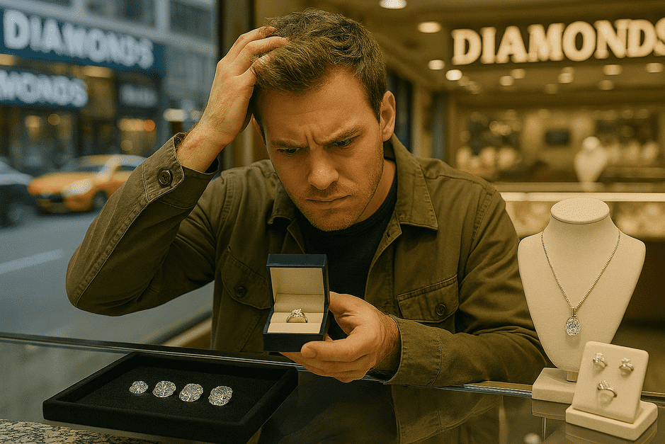 Diamonds displayed in various cuts and colors at jewelers' showcases in New York’s Diamond District.