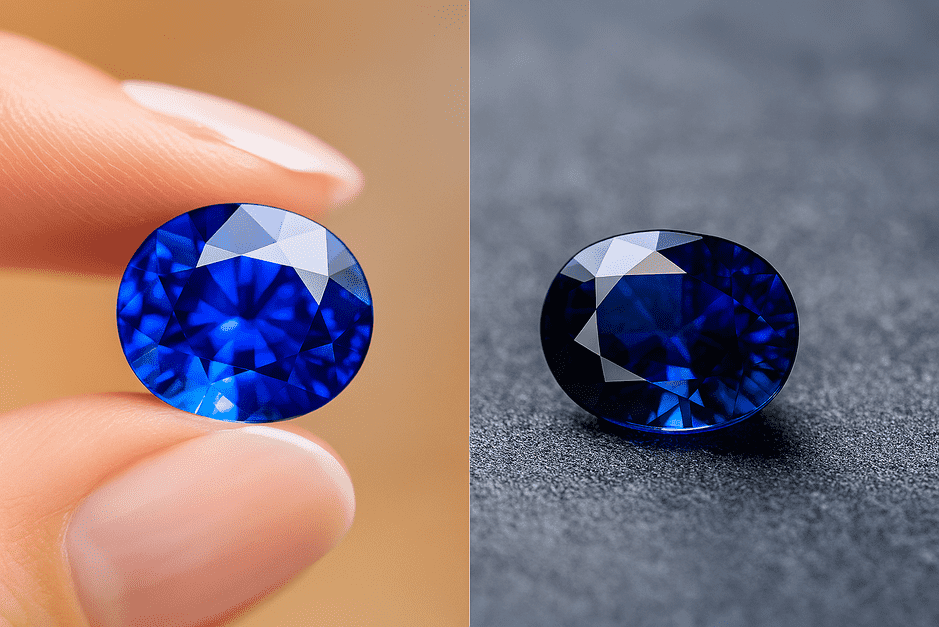 A close-up of a gemstone showing vibrant color changes under different lighting.