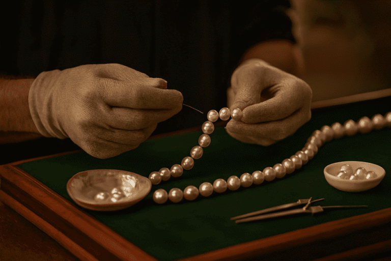 Close-up of a Paspaley Strand showing lustrous South Sea pearls and signature clasp.