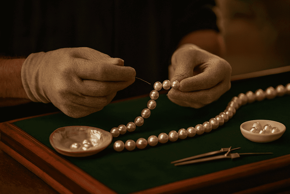 Close-up of a Paspaley Strand showing lustrous South Sea pearls and signature clasp.