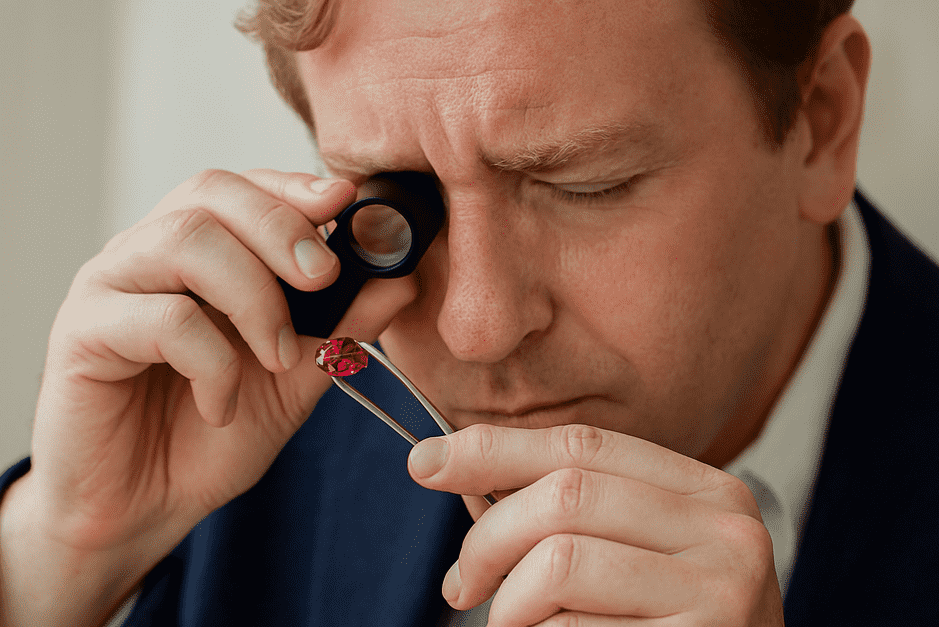 A gemologist examining a gemstone under a microscope, showing the importance of professional testing.