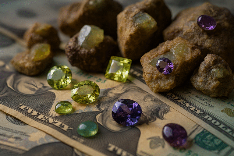 Chrysoberyl gemstones showing standard yellow-green, cat’s eye, and alexandrite color change.