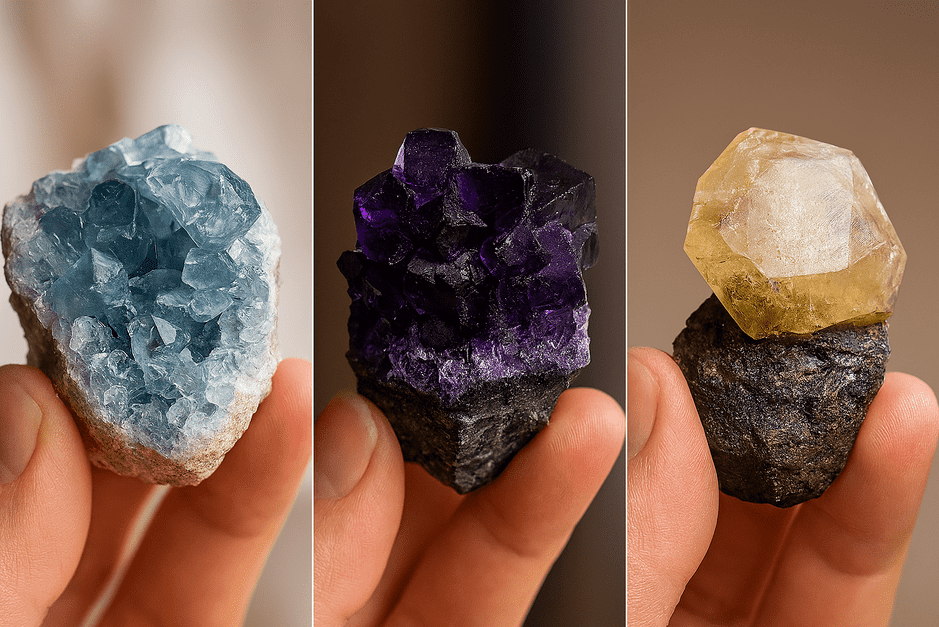 Close-up photo of mineral specimen with lighting, showing risks of online buying.