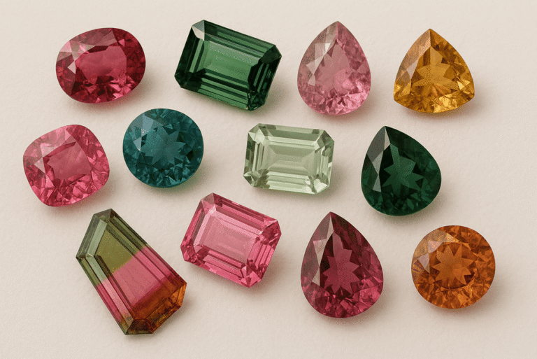 A rainbow-colored collection of tourmaline crystals showcasing shades of pink, green, blue, black, and brown.