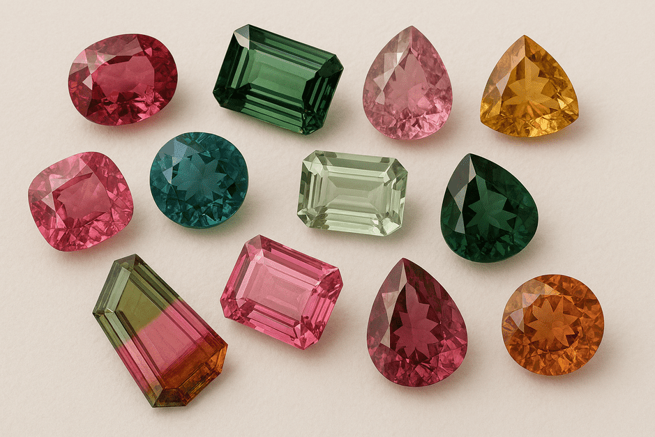 A rainbow-colored collection of tourmaline crystals showcasing shades of pink, green, blue, black, and brown.