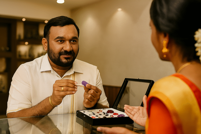 Trusted gemologist examining certified gemstones in Kerala