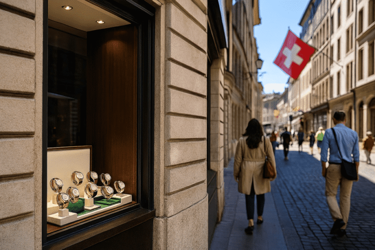 Luxury watch boutiques along Geneva’s Rue du Rhône showcasing renowned Swiss brands.