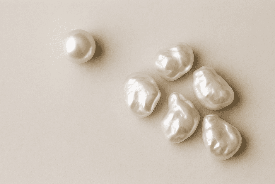 A close-up of natural pearls in various shapes—baroque, button, and drop—gleaming with subtle luster, showing their organic beauty and individuality.