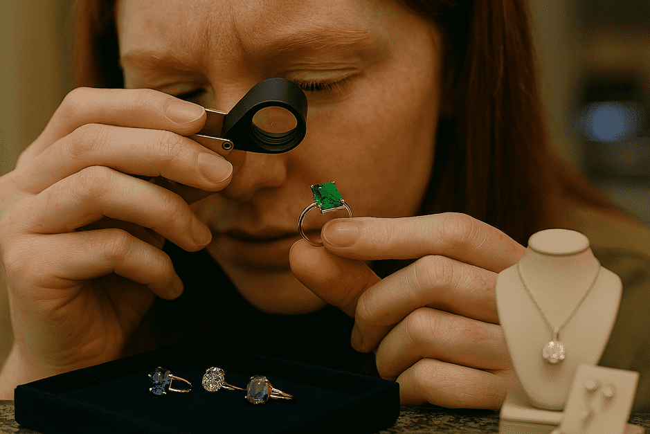 Close-up of a clear, well-cut astrological gemstone ring touching skin, radiating light.