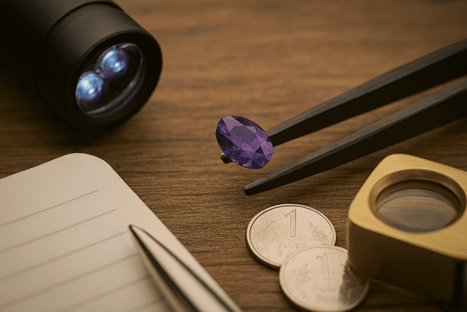 A gemstone viewed under different light sources showing vivid color change and light reflection variations.