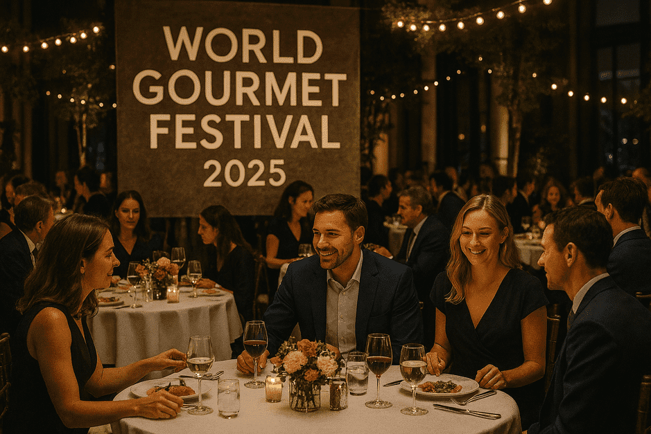 Elegant dinner setup at Anantara Siam Bangkok hosting the World Gourmet Festival with chefs and guests enjoying fine dining.