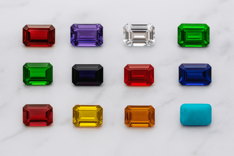 A colorful grid of birthstones arranged by month, showing gems like garnet, amethyst, diamond, emerald, and sapphire