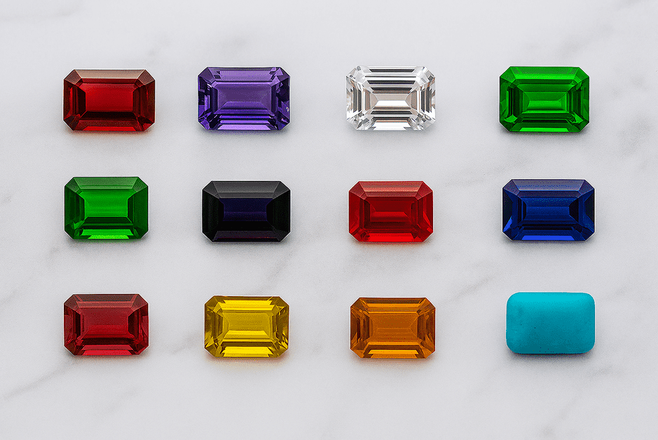 A colorful grid of birthstones arranged by month, showing gems like garnet, amethyst, diamond, emerald, and sapphire