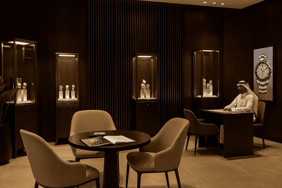 Ahmed Seddiqi Riyadh boutique exterior showing luxury watches and jewellery display.