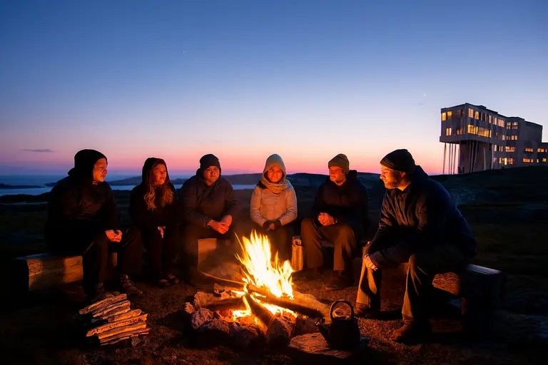 Guests around campfire during bushcraft adventure at Fogo Island Inn