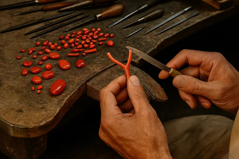 Artisan crafting coral jewelry using hand tools.